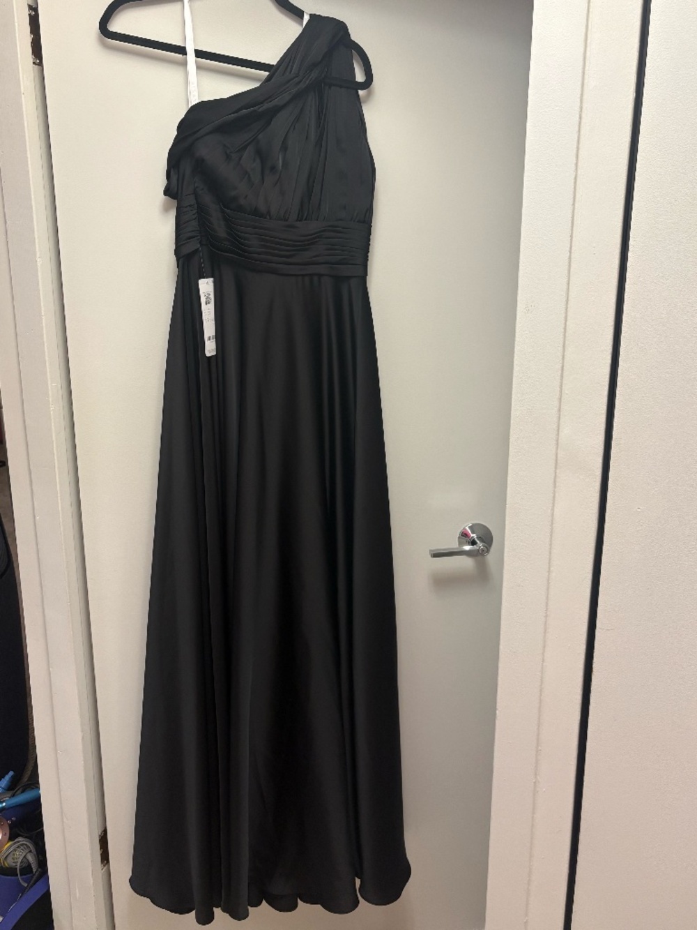 NWT Amaze Charlize Black A-Line One Shoulder Stretch Satin Dress